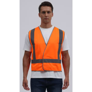 A high-visibility orange safety vest featuring grey reflective stripes. It has a front opening and no sleeves.