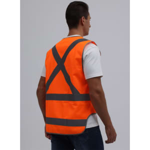 An orange Hi-Vis X Back Safety Vest with grey reflective stripes, displayed on a mannequin from the back.