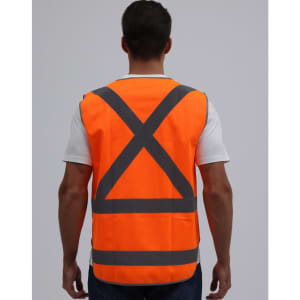An orange safety vest featuring reflective grey stripes in an X-back design, with a plain background.