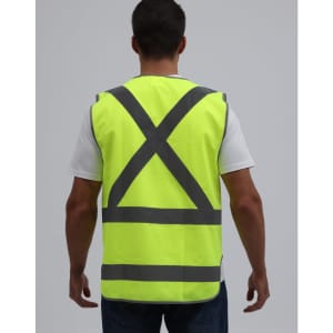 A bright yellow safety vest with reflective grey stripes in an X-back design. Features a plain back and a logo.