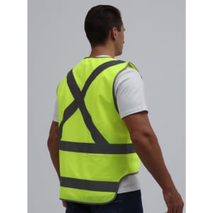 A high-visibility yellow safety vest with reflective stripes and a tail, worn by a model from the back.