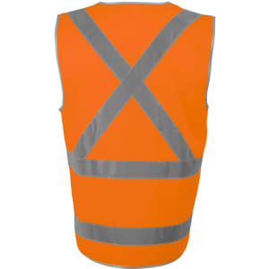 A high-visibility orange safety vest with reflective grey stripes crossing on the back and a tail. Features a logo.