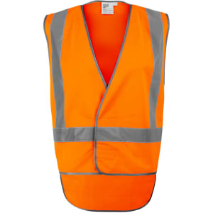 An orange safety vest featuring reflective stripes and a back tail design. It has a logo on it.