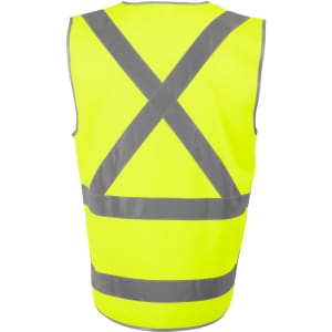A bright yellow safety vest featuring reflective grey stripes in a cross-back design, with a tail at the bottom.