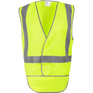 A high-visibility yellow safety vest with reflective grey stripes and a tail design. Features an unbranded logo.