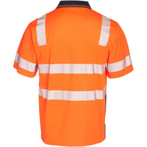 A safety polo shirt in bright orange with reflective striped detailing on the back and a logo.
