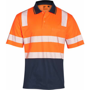 An orange and navy safety polo shirt with reflective stripes and a pocket, featuring a logo.