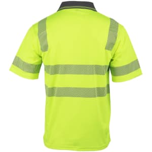 A bright yellow safety polo shirt featuring reflective stripes and a collar. The back view displays the segmented design.