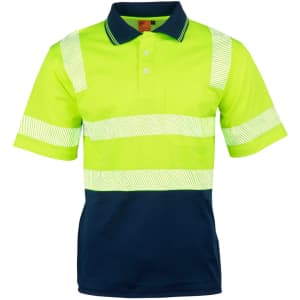 A high-visibility short-sleeve safety polo in neon yellow with navy sections and reflective stripes, featuring a pocket and a logo.