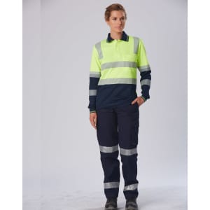 A long-sleeved safety polo in neon yellow and navy, featuring reflective stripes and a logo. Suitable for workwear.