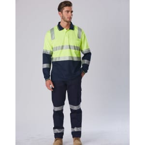 A long-sleeve safety polo in high visibility yellow and navy, featuring reflective stripes and a logo.