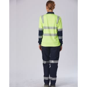 A high-visibility long-sleeve safety polo in fluorescent yellow with navy blue sleeves and reflective stripes.