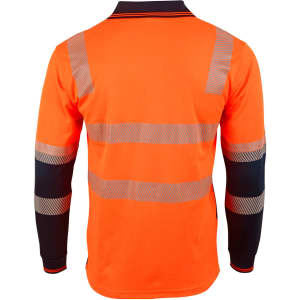 An orange long-sleeve safety polo shirt with reflective strips and a branded logo on the front.