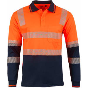 A long-sleeve safety polo featuring orange and navy sections with reflective stripes, ideal for workwear.