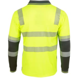A long-sleeve safety polo in hi-vis yellow with grey reflective stripes and detail. Features a logo on one side.