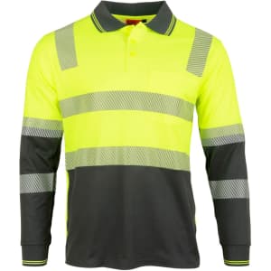A long-sleeved safety polo in bright yellow with grey sections and reflective stripes. Features a pocket and logo.