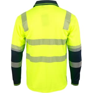 A long-sleeved safety polo in bright high visibility yellow with reflective grey stripes and navy blue sleeves.