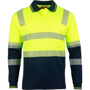 A long-sleeved safety polo in fluorescent yellow with grey reflective stripes and navy blue sleeves. Features a chest pocket and logo.