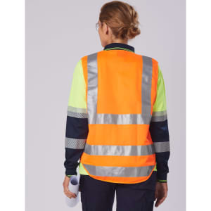 A long-sleeve safety polo in fluorescent yellow and orange with reflective stripes and branding on the back.