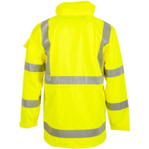 A high-visibility yellow rail safety jacket featuring reflective stripes and a collar. It has a logo on the sleeve.