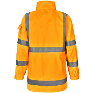 A high-visibility safety jacket in bright orange with reflective stripes and a collar. Features include a pocket on the sleeve.