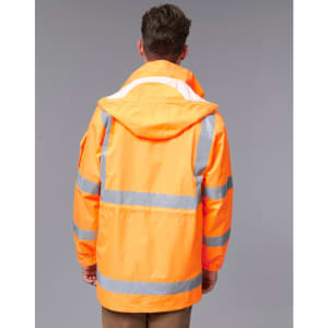 An orange safety jacket with reflective stripes and a hood, featuring a logo on the back.
