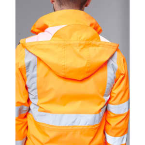 An orange safety jacket featuring reflective strips and a hood, with a branding logo on the back.