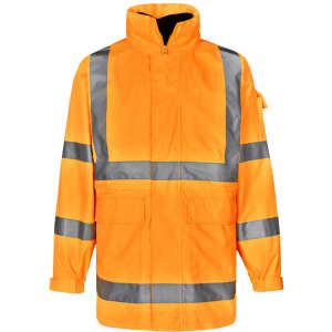 An orange 3 in 1 safety jacket featuring reflective stripes and multiple pockets. It includes a logo or branding.