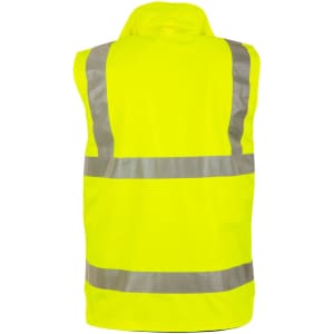 A reversible safety vest in bright yellow, featuring reflective strips for visibility. It has a logo on it.