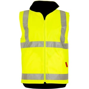 A bright yellow safety jacket with reflective strips and a zip front, featuring no sleeves. It includes a logo.