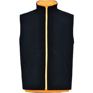 A black and orange safety jacket with a zip front and two side pockets, featuring a logo.