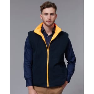 A navy reversible safety vest with an orange lining, featuring a zip front and two pockets. Includes a logo.