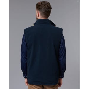 A reversible safety vest in navy blue, featuring a collar and a logo on the back.