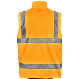 An orange safety jacket featuring grey reflective strips, with a logo on the back.