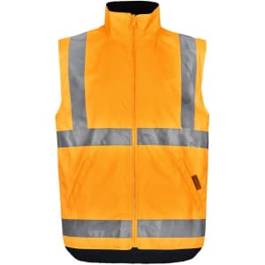 A high-visibility safety vest in bright orange with reflective silver stripes and a zip front. It includes pockets and a logo.