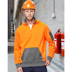 A Hi-Vis orange and grey fleece hoodie with a half-zip and logo, worn by a man in a safety helmet.