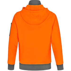 A bright orange hoodie with a grey underside, featuring a hood and side pockets. It has a logo on one sleeve.