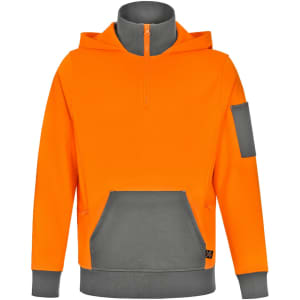 A two-tone hoodie featuring a bright orange upper with grey accents and a zippered neck. It includes a logo.
