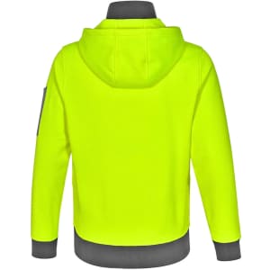 A bright yellow two-tone hoodie with a grey bottom and a hood, featuring a logo on the sleeve.