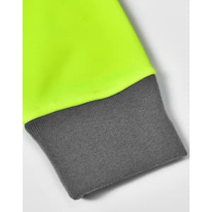 A close-up of a Hi-Vis premium fleece two-tone hoodie featuring bright yellow and grey colours. It has a logo.