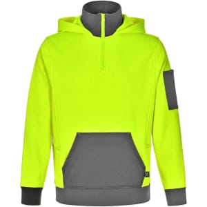 A bright yellow and grey two-tone hoodie with a front pocket and a sleeve pocket, featuring a logo.