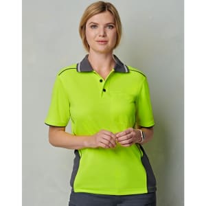 A hi-vis yellow polo shirt with grey accents and a pocket on the front, featuring a logo.