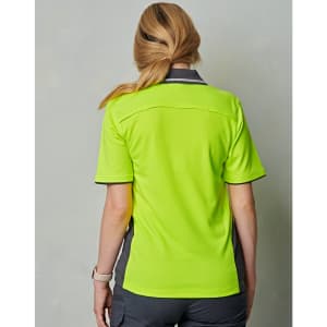 A hi-vis short-sleeve polo shirt in bright lime green with grey accents, featuring a logo on the collar.