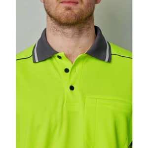 A hi-vis lime green polo shirt with a grey collar and a pocket, featuring a logo on the chest area.