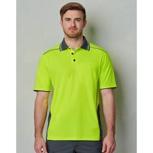 A high-visibility lime green polo shirt with grey accents and a chest pocket, featuring a logo on the front.