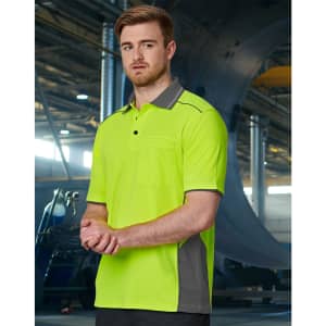 A bright yellow and grey short-sleeve polo shirt with a pocket, designed for workwear applications.