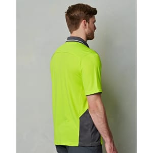A Hi-Vis bamboo charcoal vented short sleeve polo in vibrant lime green with grey accents and a logo.
