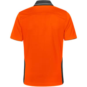 An orange short-sleeved polo shirt with black accents and a logo. It's made from bamboo charcoal fabric.