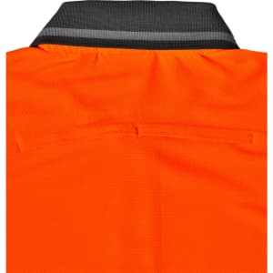A close-up of the back collar of an orange polo shirt, featuring a grey striped detailing and a logo.