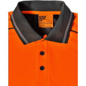 A bright orange polo shirt with a black collar and buttons, featuring a logo and vented details.
